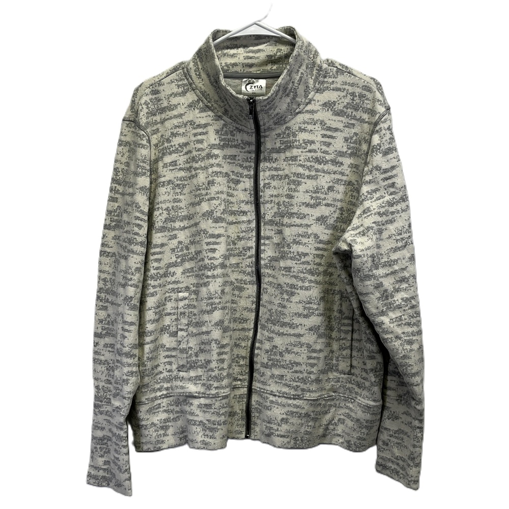 Zyia Active Cream Gray Womens Full Zip Stand Collar Patterned Jacket XXL